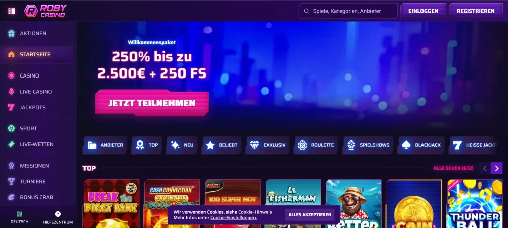Roby Casino – 250% bis zu 2500 € + 250 Freispiele Willkommensbonus für neue Spieler in Deutschland